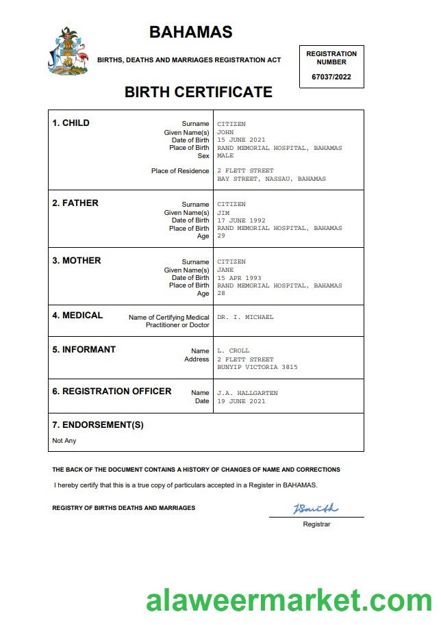 Bahamas vital record birth certificate Word and PDF template